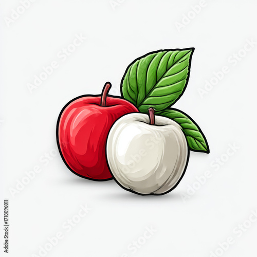  Cartoon illustration of two apples, red and white with a green leaf, representing fresh fruit and healthy eating, with copy space