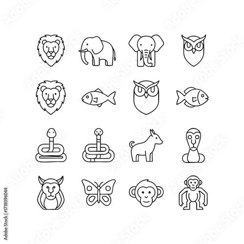 A diverse set of sixteen animal line art icons featuring a lion elephant snake and butterfly.