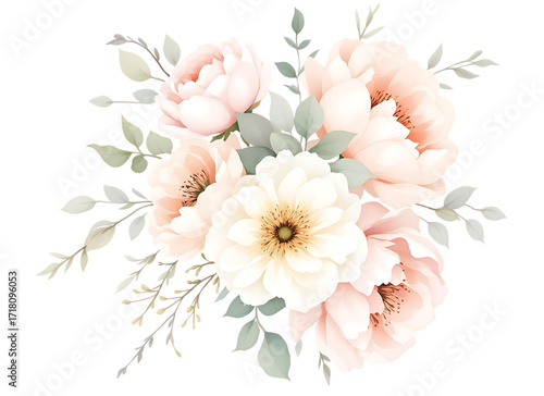 Elegant watercolor floral bouquet featuring beautiful pastel peonies and lush greenery Isolated on transparent background