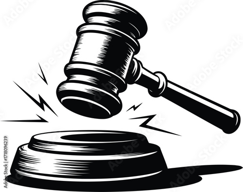 Monochrome Vector Illustration of a Gavel Striking a Sound Block Conveying Justice, Law, and Authority in a Striking Visual