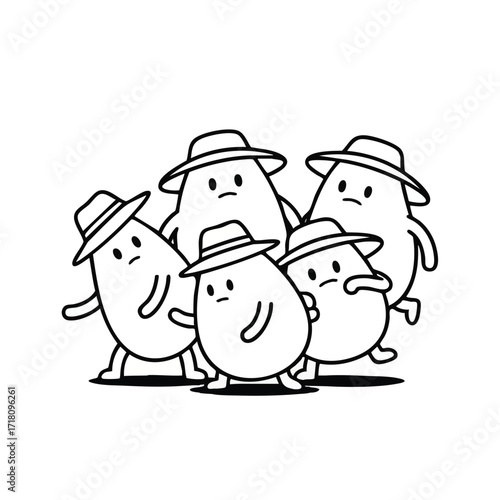 A gang of five cute cartoon potato characters wearing fedora hats with grumpy expressions.