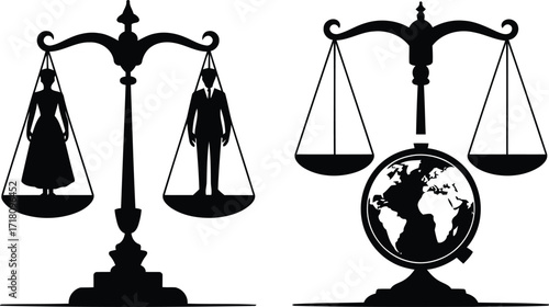 Conceptual Equality Scales Featuring a Man and Woman on One Side and a Globe on the Other Representing Legal Themes