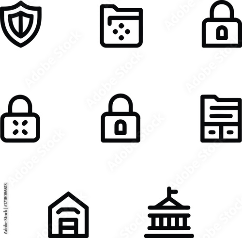 Collection of Security Privacy and Access Icons Depicting Protection, Folders, Locks, Data Storage, Building, Storage and Government Related Activities in Line Art