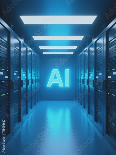 Server room with glowing AI sign in a futuristic data center