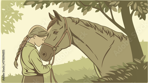 Artistic Painting of Girl Hugging Horse in Natural Warm Colors on Canvas with Brush Stroke Vector