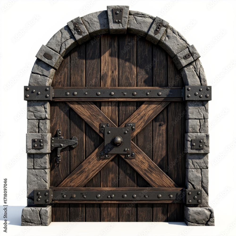 Fototapeta premium Heavy Medieval Wooden Door with Iron Straps and Stone ArchwayDescription: A commanding, head-on view of a robust medieval-style wooden door, reinforced with thick iron straps and large rivets. The d