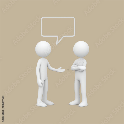 two wooden figurines facing each other with two yellow speech bubbles symbolizing dialogue communication and interaction on a neutral background