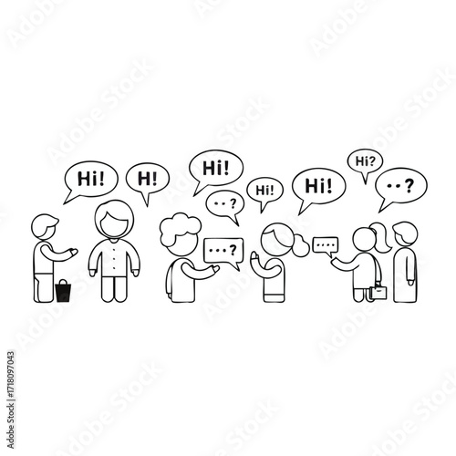 A simple black and white line drawing of cartoon people greeting each other with Hi speech bubbles.