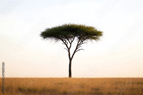 Lonely acacia tree in African savannah landscape with clear sky and golden grass field, minimal nature background, wildlife and safari concept