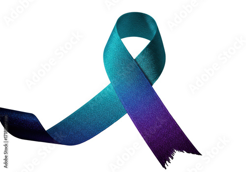 Luxurious awareness ribbon, teal to purple gradient, intricate woven, iridescent, frayed, macro shot, chiaroscuro on transparent, luxury fabric concept
