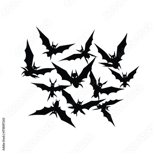 A spooky swarm of black flying vampire bat silhouettes in a graphic illustration.