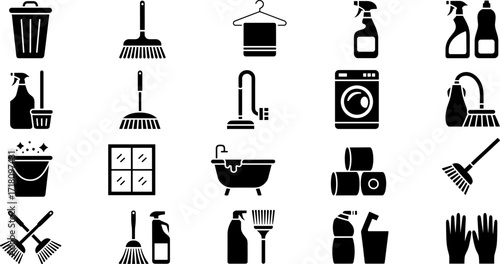Cleaning Tools: A meticulous array of essential cleaning tools, depicted in clean, bold lines, creating a versatile graphic resource for any cleaning-related project.