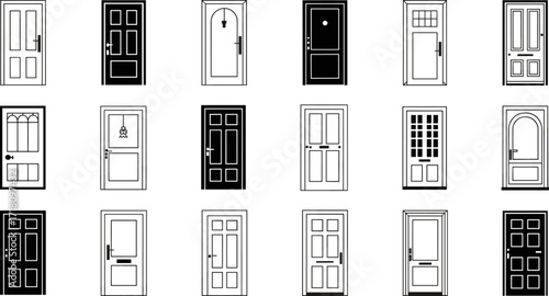 Array of Doors: An organized array of various door styles showcases a diverse selection of entryways, highlighting design elements and architectural features for interior and exterior applications.