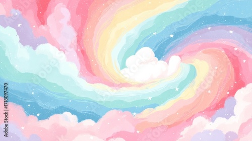 A dreamy sky with swirling pastel colors blends pink, blue, green, purple, yellow,