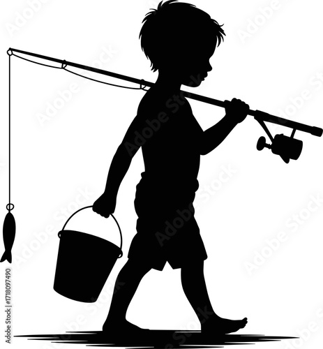 Silhouette of the Young Fisherman: A charming silhouette portrays a young boy setting out on a fishing trip, evoking the spirit of childhood adventure and the joy of outdoor pursuits.