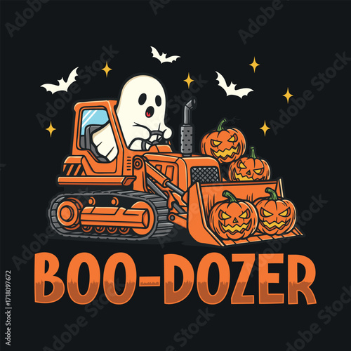 Funny Halloween Ghost T-Shirt Design – Boo Dozer with Pumpkins and Bulldozer