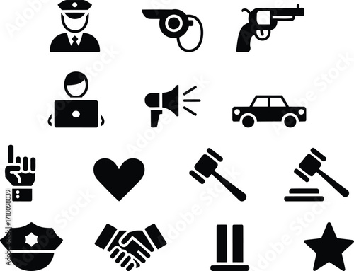 Collection of Justice and Law Enforcement Icons Featuring Police, Courts, and Order Symbols Representing Safety, Legal Systems, and Civic Institutions