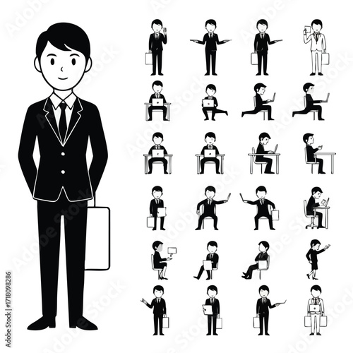 Black and white vector illustration set of a businessman character in various office poses and activities.
