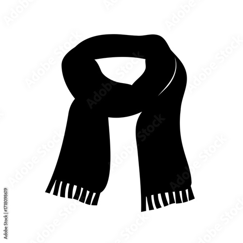Simple black winter scarf with tassels, classic, minimalistic design, on white background