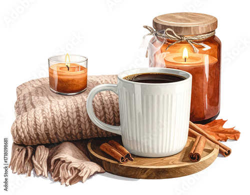 Cozy autumn still life with burning candles, coffee and knitted blanket on transparent background