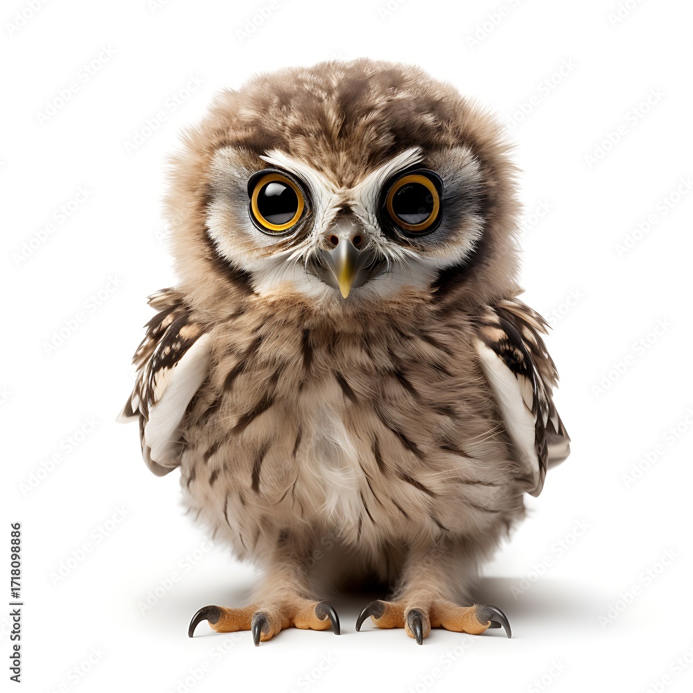 Naklejka premium Wise and Wonderful Owl: A close-up, eye-level perspective captures the endearing charm of a young owl, its large, expressive eyes and fluffy feathers showcasing nature's delightful design.
