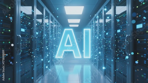 Artificial intelligence symbol displayed in a futuristic data center corridor with glowing server racks and digital particles.