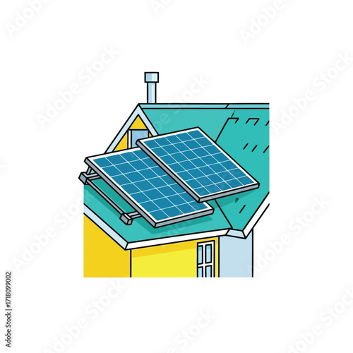 Cartoon house with solar panels illustrating sustainable energy and green living promoting environmental awareness for future generations and responsible lifestyle choices