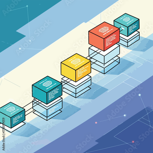 Blockchain Technology Network Communication Structure with Connected Nodes and Data Blocks for Decentralized Systems and Secure Transactions