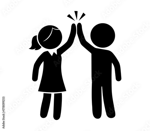 Stickman boy and girl giving high five. Vector pictogram of male and female teamwork, success, celebration, friendship, partnership, cooperation, agreement, support, unity, collaboration illustration.
