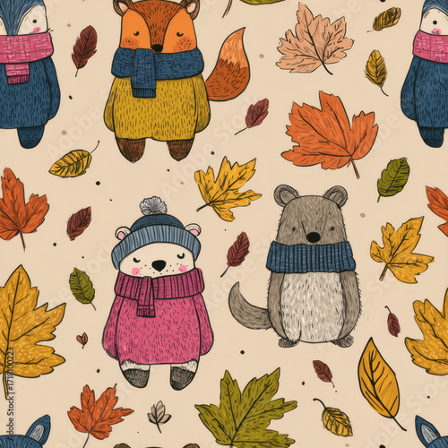 autumn seamless pattern with critters and leaves