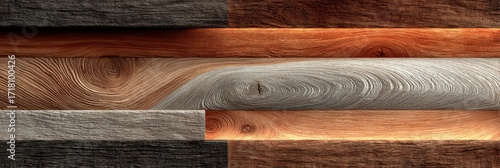 Different types of wood with unique grain patterns arranged side by side for display in an artistic manner