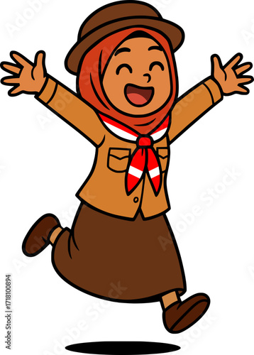Energetic cartoon girl scout in hijab jumping mid-air with joy, playful and dynamic style