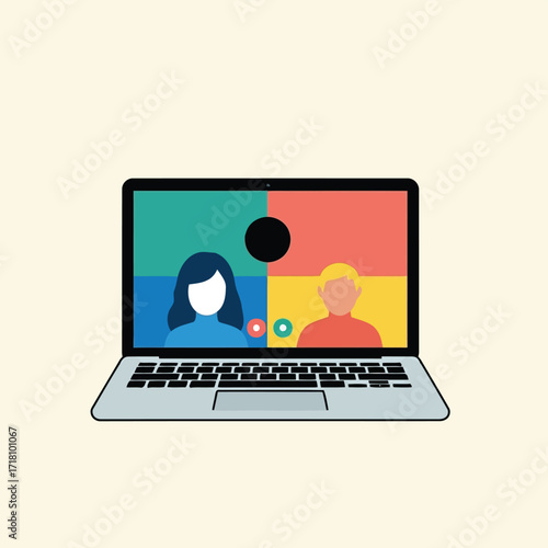 Laptop displaying a video conference call with people in a virtual meeting showing connection and remote communication technology for business work or personal connections
