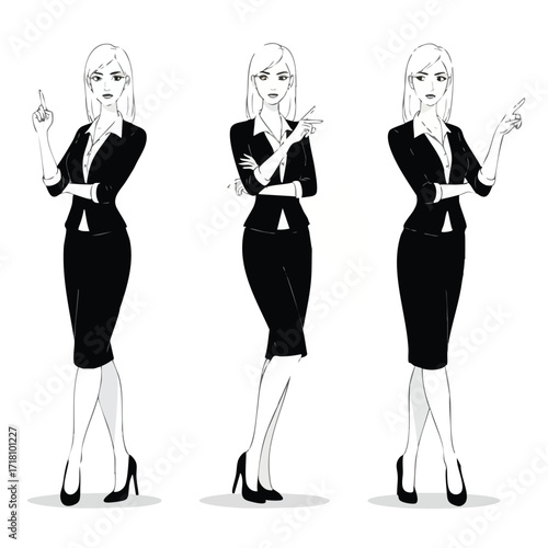 Set of a confident businesswoman in a black suit illustrated in three different dynamic poses.