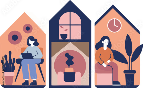 People working from home in separate house illustrations
