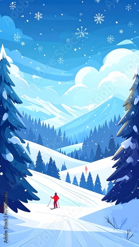 Winter ski scene in snowy mountains