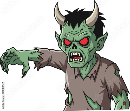 Scary zombie monster illustration with devil horns, green skin, red eyes, torn clothes, creepy horror undead character, Halloween design, evil creature vector art