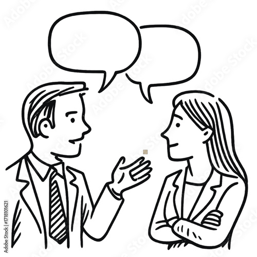 Young adults having a conversation represented by large speech bubble.