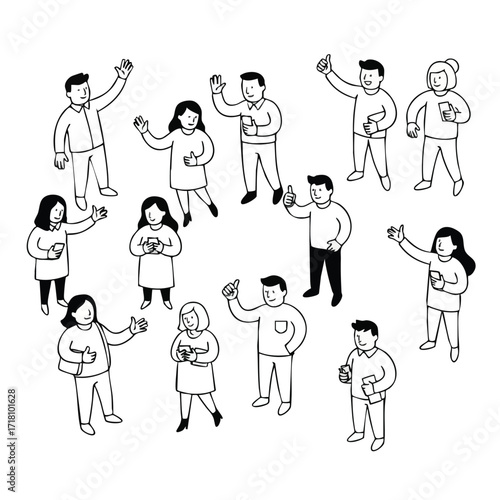 Set of diverse doodle characters men and women waving hello in a simple black and white line art style.
