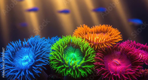 Underwater Fluorescence A Vibrant Display of Colorful Coral Polyps Glowing Under Special Lighting Revealing the Stunning Beauty and Biodiversity of Marine Life in the Ocean Depths