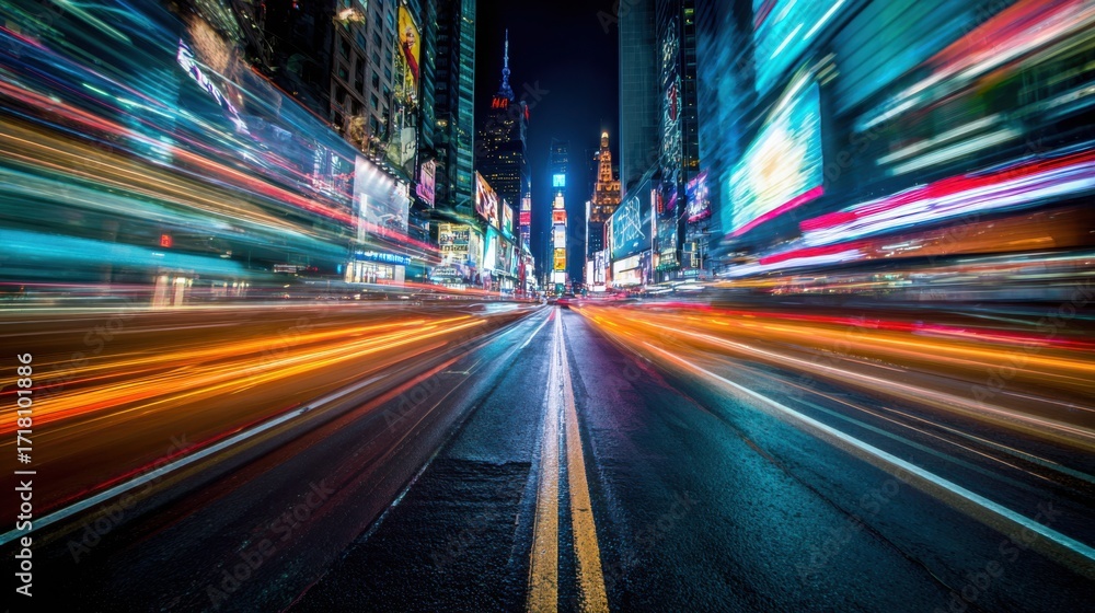 © Taslima - Blurring city lights create a streaking tunnel of color on a busy street at night