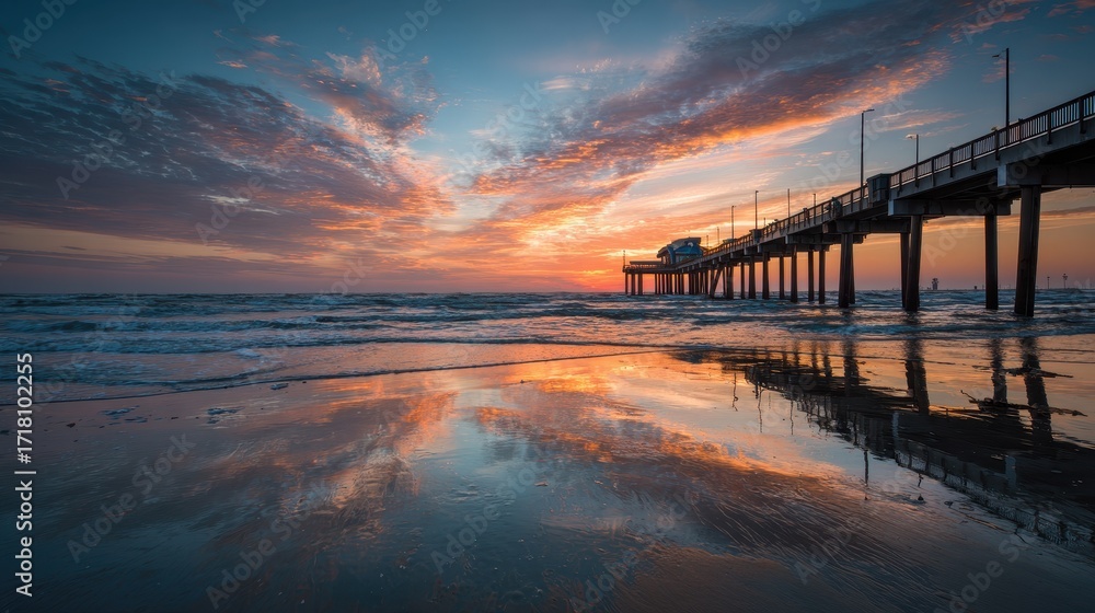 Fototapeta premium Galveston Beach Sunrise with Pier, Reflecting Texas Beauty