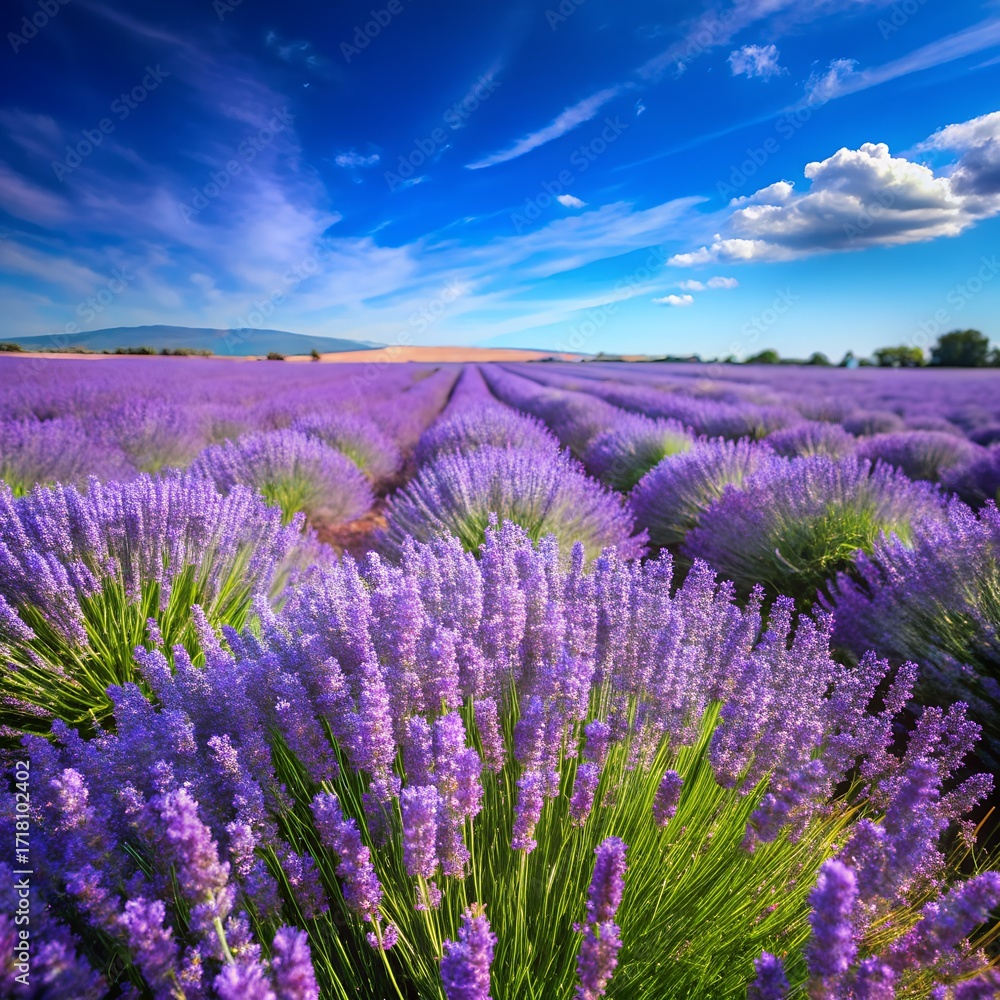 Obraz premium Lavender field under a blue sky with white clouds on a sunny day