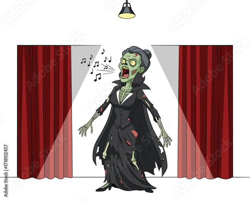 Zombie opera singer on stage, undead performer in spotlight, horror musical act, gothic soprano character, cartoon scary concert illustration, spooky theater scene