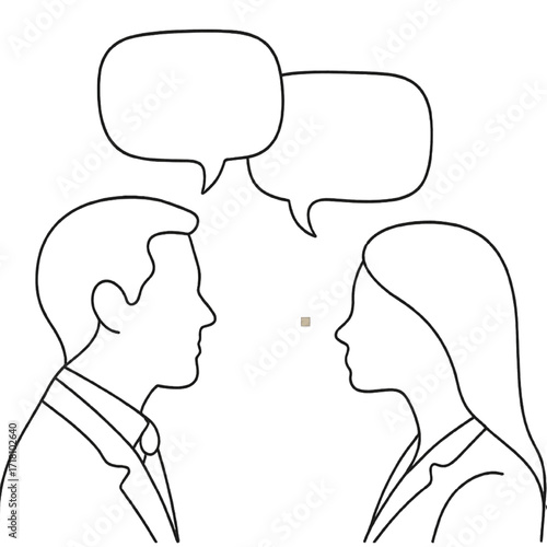 Young adults having a conversation represented by large speech bubble.