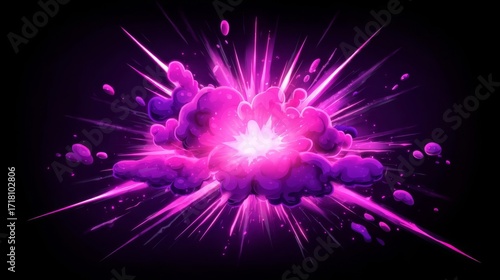 Vivid purple and pink explosion radiates intense energy with sharp lines and glowing dots against a black background,