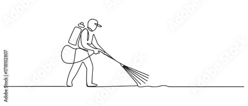 continuous line of pest control. one line drawing of pest controller spraying disinfectant. one line Icon drawing with white background