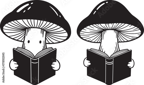 Two anthropomorphic mushrooms reading books in a charming silhouette style