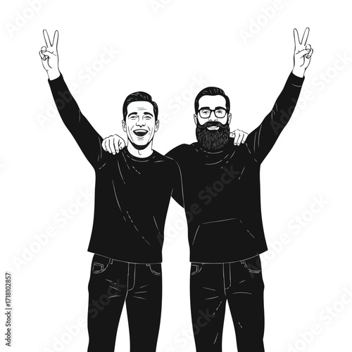 Two happy male friends in black sweaters celebrating with arms raised making peace signs.