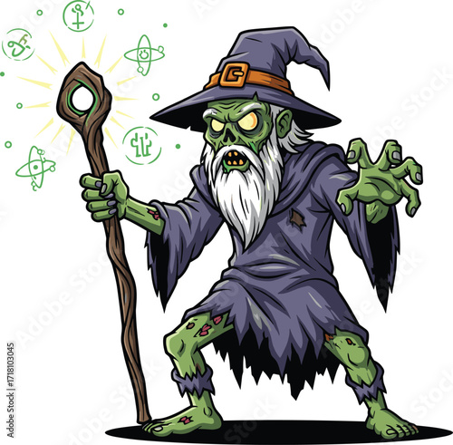 Zombie wizard casting spell, cartoon undead mage with staff, Halloween magic character, spooky green sorcerer, vector illustration